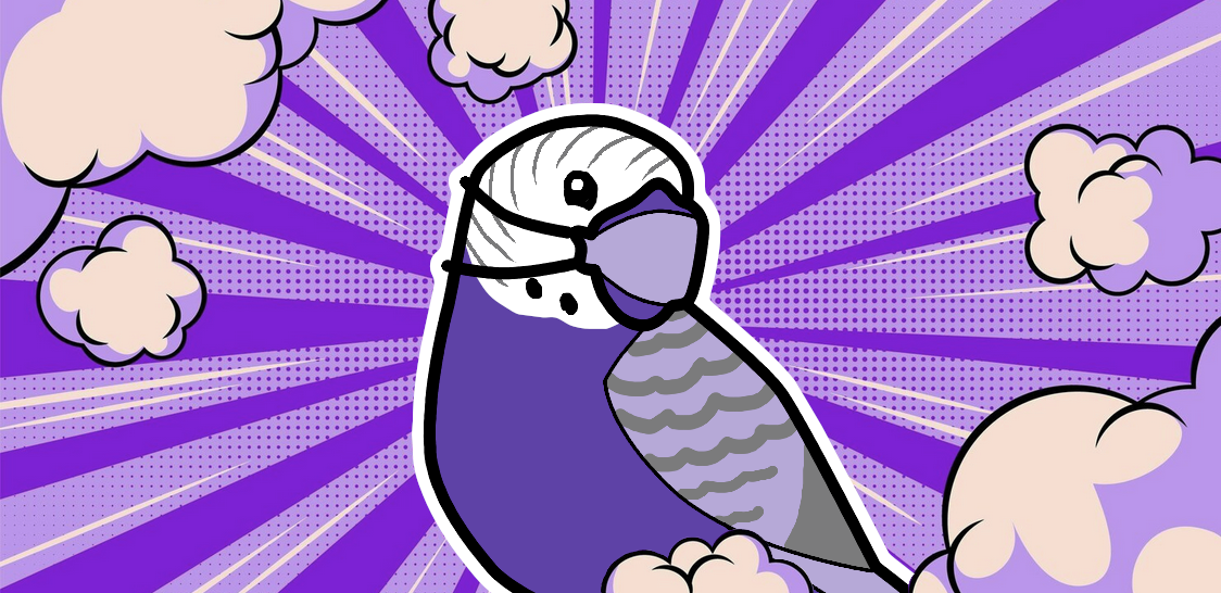 Notre mascotte : une perruche au plumage violet, qui porte un masque FFP2 format poisson.